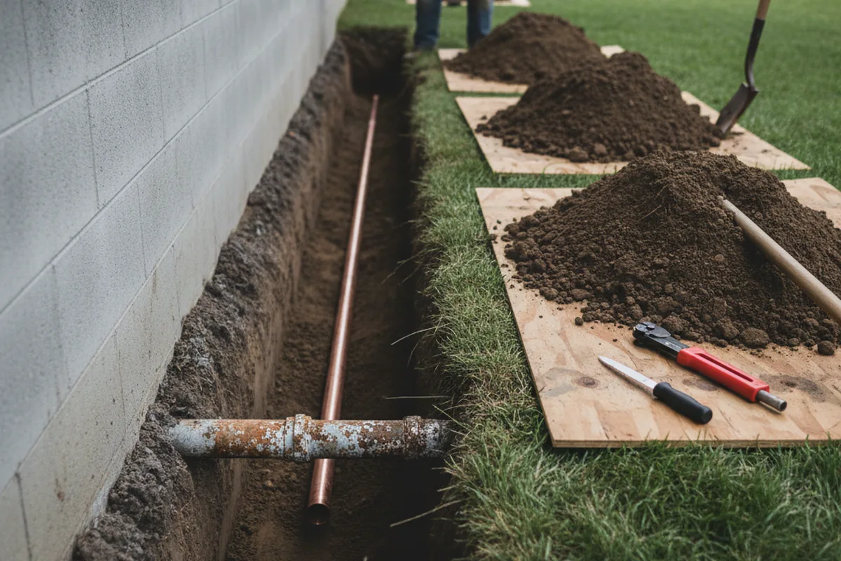 Excavated water line trench during Sewer Line Repair in State Road